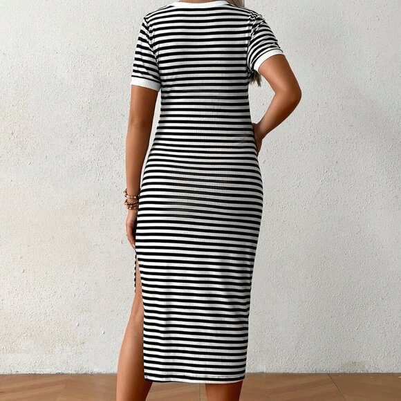 Black Casual Women's Pregnant Striped Dress - Picture 2 of 5